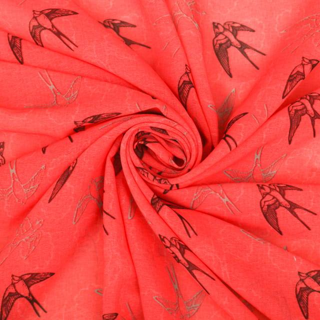 Crimson Red Bird Print Georgette Fabric