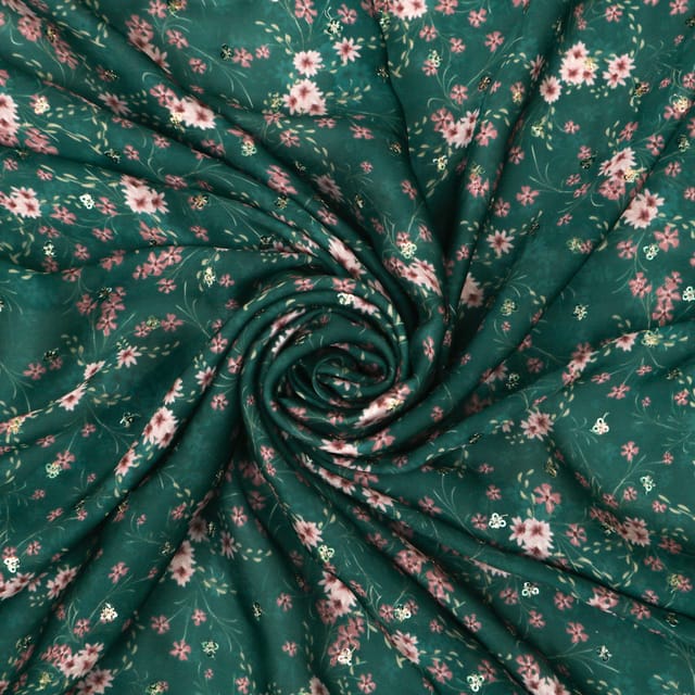 Turquoise and Pink Print Satin Sequence Fabric