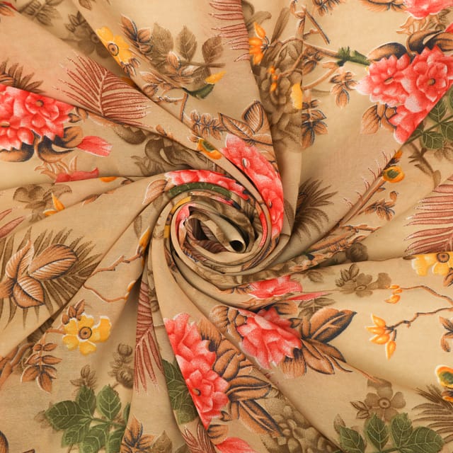Beige and Yellow Floral Print Georgette Fabric