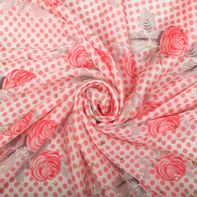 Off-White Floral Print Satin Sequence Fabric