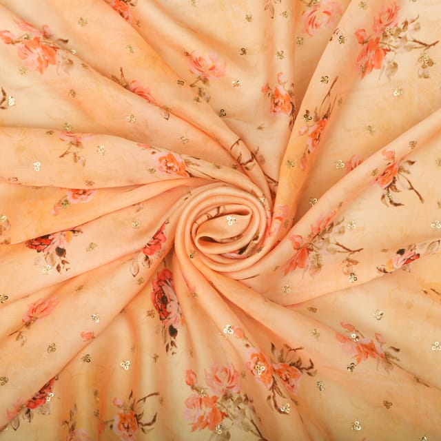 Cream Floral Print Satin Sequence Fabric