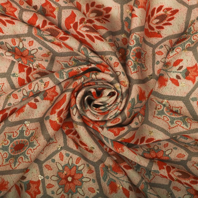 Ash Grey and Red Contemporary Print Satin Sequence Fabric
