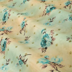 Baby Blue and Cream Floral Print Satin Sequence Fabric