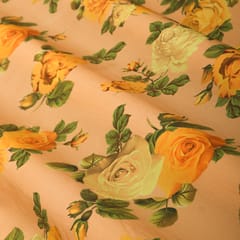Peach and Yellow Floral Print Satin Sequence Fabric