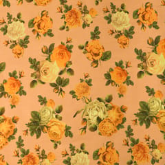 Peach and Yellow Floral Print Satin Sequence Fabric