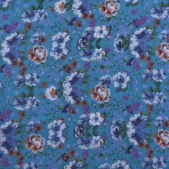 Azure Blue Floral Print Satin Fabric