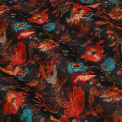 Jet Black Floral Print Organza Fabric