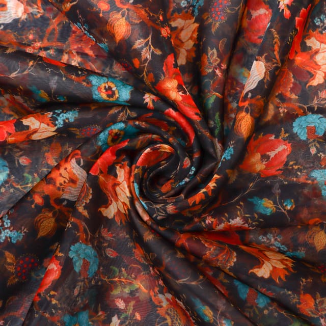 Jet Black Floral Print Organza Fabric