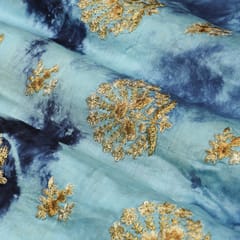 Ice Blue Shaded Silk Chanderi Golden Zari Motif Embroidery Fabric