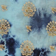 Ice Blue Shaded Silk Chanderi Golden Zari Motif Embroidery Fabric