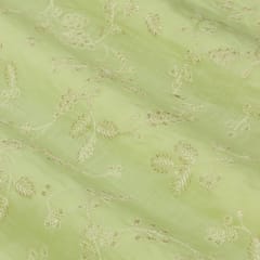 Mint Green Cotton ChanderiSilver Sequins Threadwork Embroidery Fabric