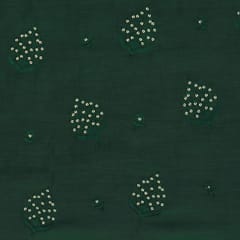 Dark Green Katan Chanderi Silver Sequins Floral Threadwork Embroidery Fabric