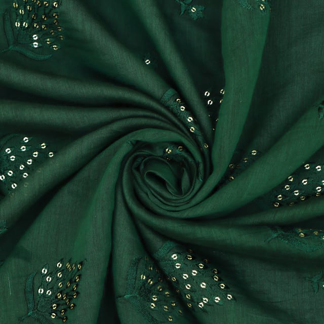 Dark Green Katan Chanderi Silver Sequins Floral Threadwork Embroidery Fabric