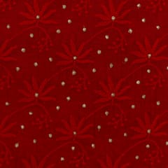 Red Chanderi Threadwork Golden Zari Embroidery Fabric