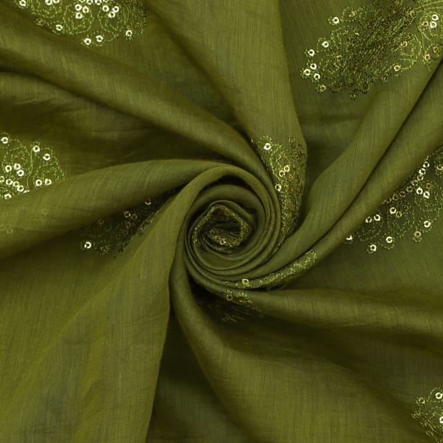 Olive Green Chanderi Motif Sequins Embroidery Fabric