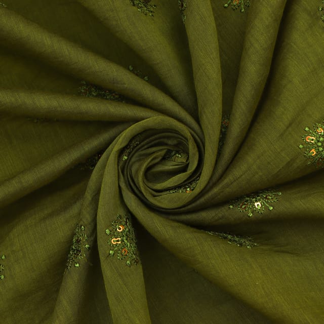 Moss Green Chanderi Motif Sequins Embroidery Fabric