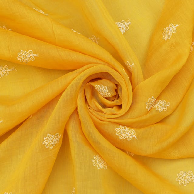 Bright Yellow Cotton Chanderi Thread Embroidery Fabric