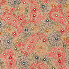 Peach Chanderi Silk Threadwork Mirror Embroidery Fabric
