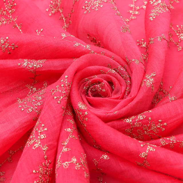 Fuscia Pink Chanderi Silver Zari Embroidery Fabric