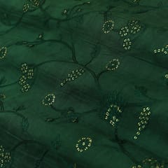 Basil Green Katan Chanderi Flower Sequins Embroidery Fabric