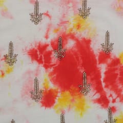 Light Coral Tie Dye Pattern Silk Chanderi Floral Threadwork Embroidery Fabric