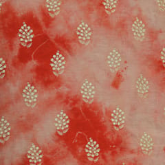 Candy Red Tie Dye Pattern Silk Chanderi Motif Dim Golden Zari Embroidery Fabric