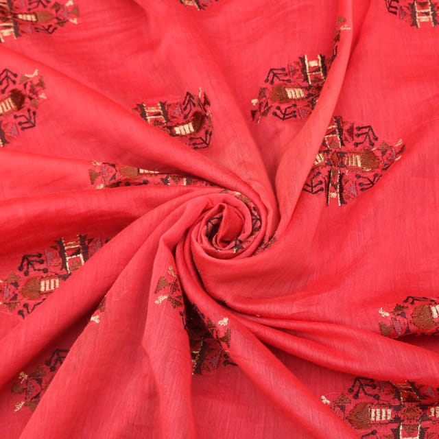 Punch Pink Chanderi Traditional Zari Work Embroidery Fabric