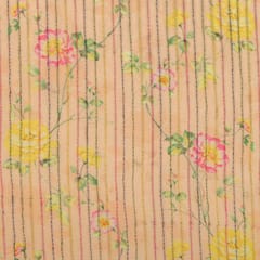 Buff Yellow Floral Chanderi Print With Katha Work Fabric