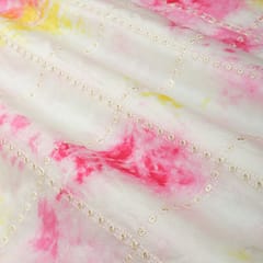 Light Pink Tie Dye Pattern Silk Chanderi Motif Dim Golden Zari Embroidery Fabric