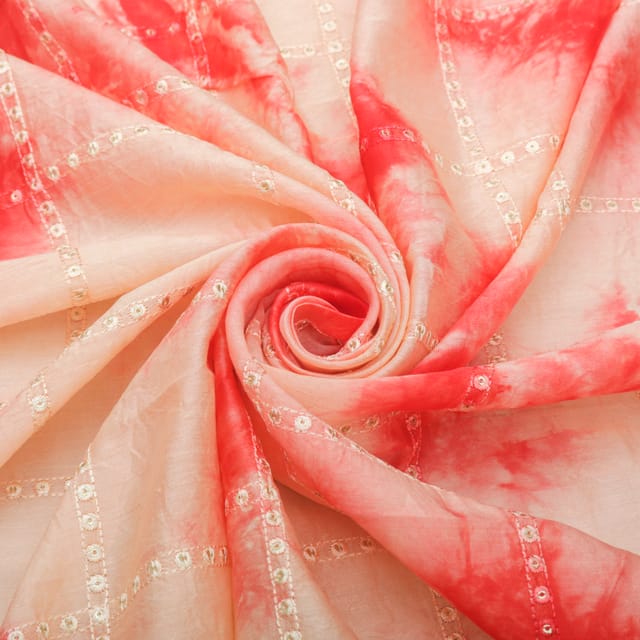 Strawberry Red Tie Dye Pattern Silk Chanderi Motif Dim Golden Zari Embroidery Fabric