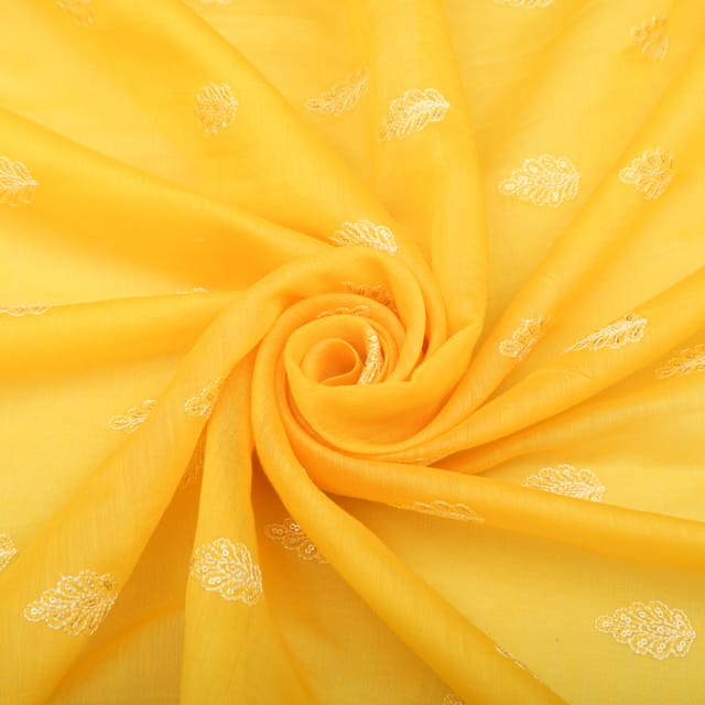 Corn Yellow Cotton Chanderi Threadwork Embroidery Fabric