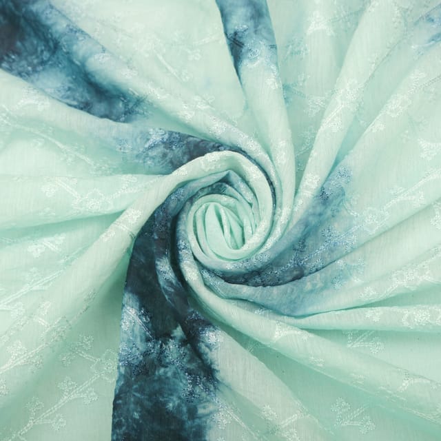 Ice Blue Tie Dye Pattern Silk Chanderi Threadwork Embroidery Fabric