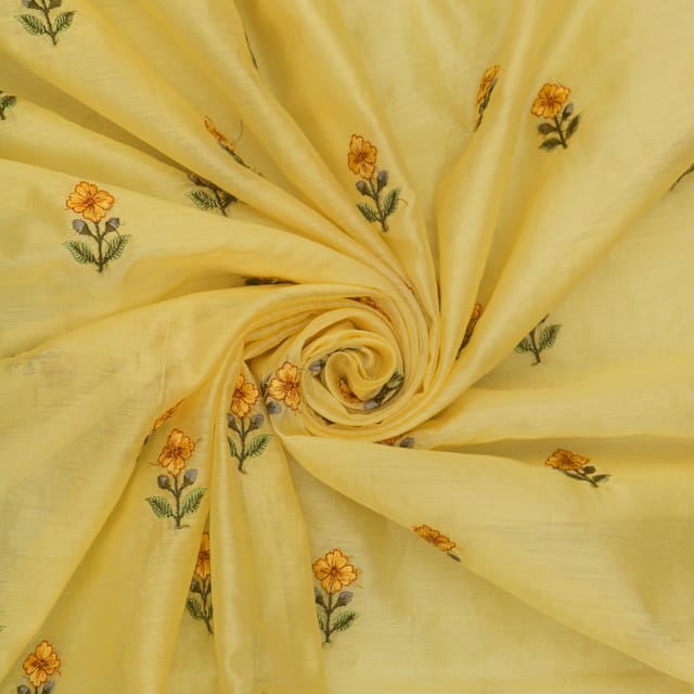 Cream Chanderi Floral Embroidery Fabric