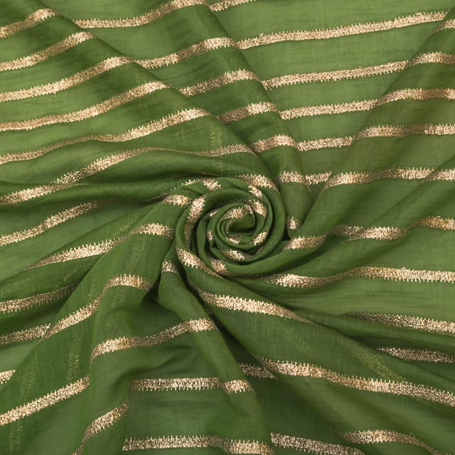 Juniper Green Chanderi Golden Stripe Embroidery Fabric