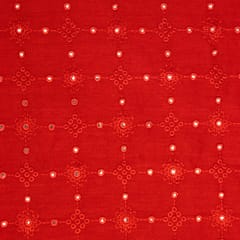 Red Semi Tussar Mirror Embroidery Fabric