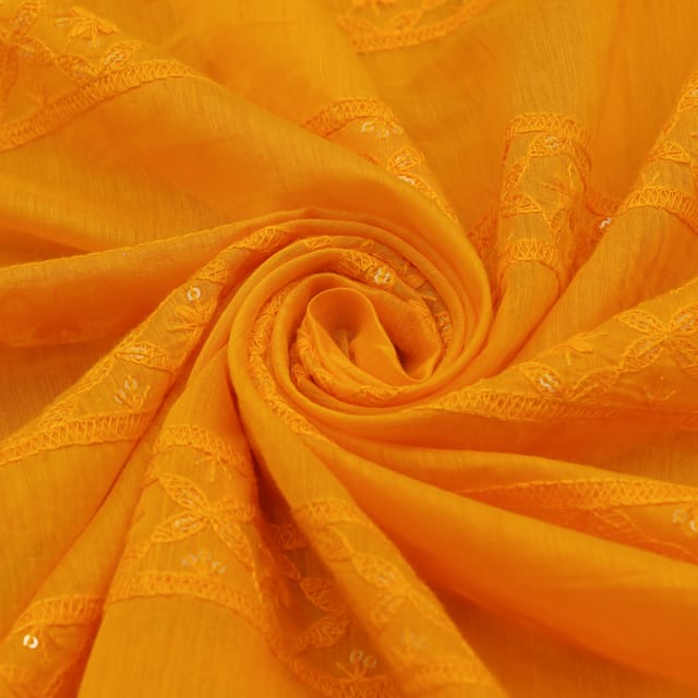 Canary Yellow Cotton Chanderi Thread sequins Embroidery Fabric