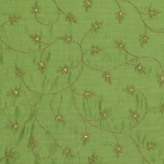 Jungle Green Chanderi Floral Golden Motif Zari Embroidery Fabric