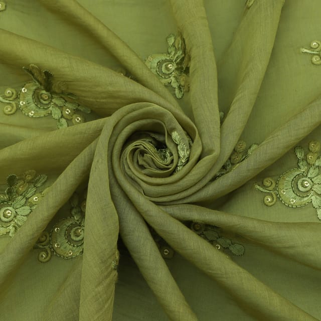 Seaweed Green Chanderi Thread Sequins Embroidery Fabric