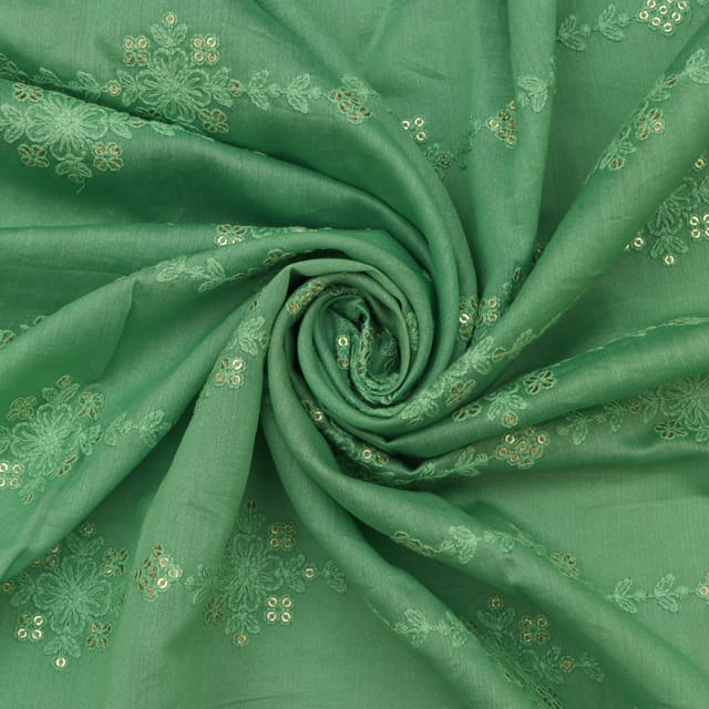 Samrock Green Chanderi Threadwork Sequins Embroidery Fabric