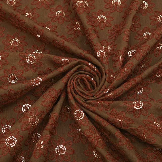 Mocha Brown Chanderi Botti Sequins Embroidery Fabric