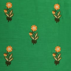 Dark Green Cotton Silk Floral Threadwork Embroidery Fabric