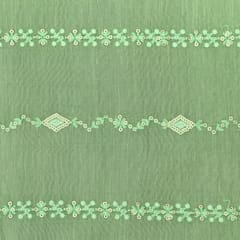 Green Yellow Chanderi Floral Threadwork Golden sequin Embroidery Fabric