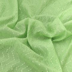 Lime Green Cotton Chanderi Zig Zak Sequins Embroidery Fabric