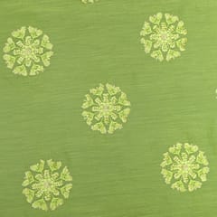 Light Green Chanderi Silk Golden Sequins Threadwork Embroidery Fabric