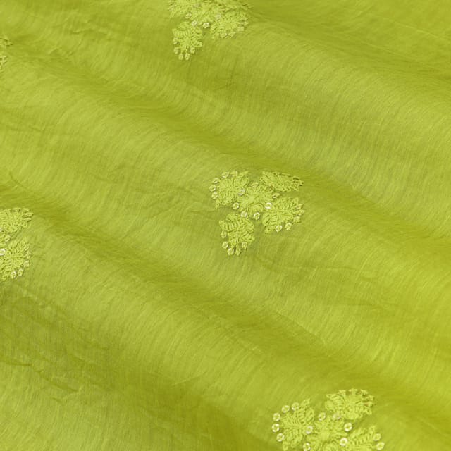 Mehndi Green Chanderi Floral Sequin Embroidery Fabric