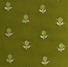 Olive Green Chanderi Silk Motif Golden Zari Embroidery Fabric