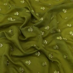 Olive Green Chanderi Silk Motif Golden Zari Embroidery Fabric