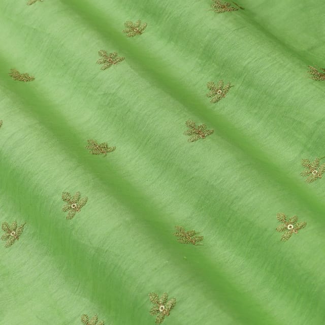 Fern Green Chanderi Zari Motif Embroidery Fabric