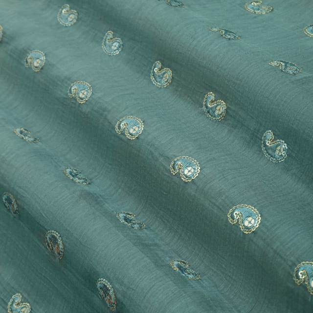 Teal Blue Chanderi Silk Sequins Embroidery Fabric