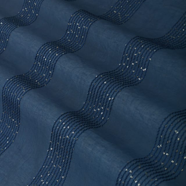 Navy Blue Chanderi Sequins Stripe Embroidery Fabric